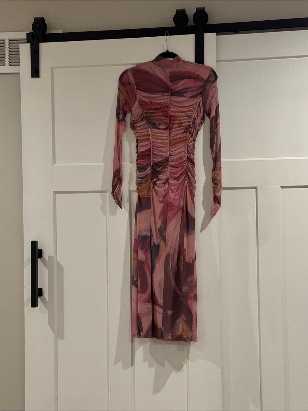 Anthropologie Pink & Brown Abstract Ruched Long-Sleeve Midi Dress - Picture 2 of 6